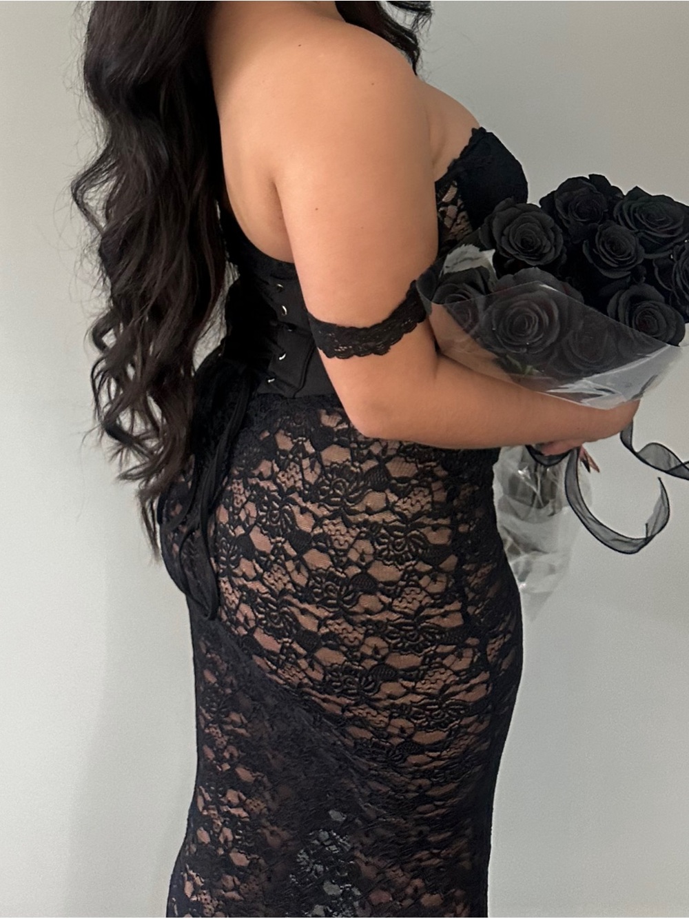 Black Lace Strapless Dress with Off-Shoulder Detail (Outcast Zana Dress)